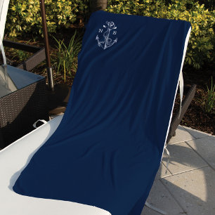 Navy Blue Ship Nautical Anchor & Rope Monogram Beach Towel
