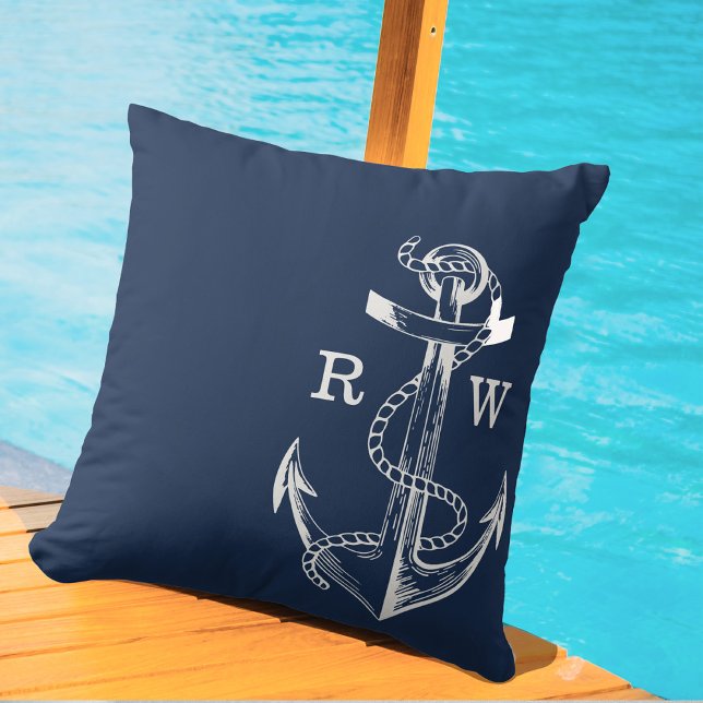 Navy Blue Ship Nautical Anchor & Rope Monogram Outdoor Pillow (Creator Uploaded)
