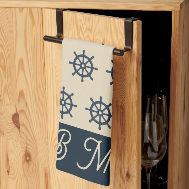navy blue ship wheel & Monogram Beige Coastal home Kitchen Towel (Thirds Fold)