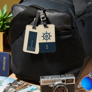 navy blue ship wheel & Monogram Beige Coastal home Luggage Tag