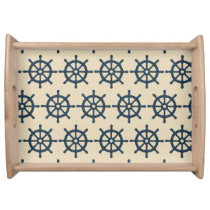 Navy Blue ship wheel on Beige Coastal pattern Serving Tray