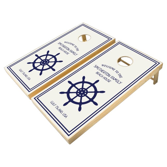 Navy Blue Ship Wheel White Nautical Beach House Cornhole Set (Angled)