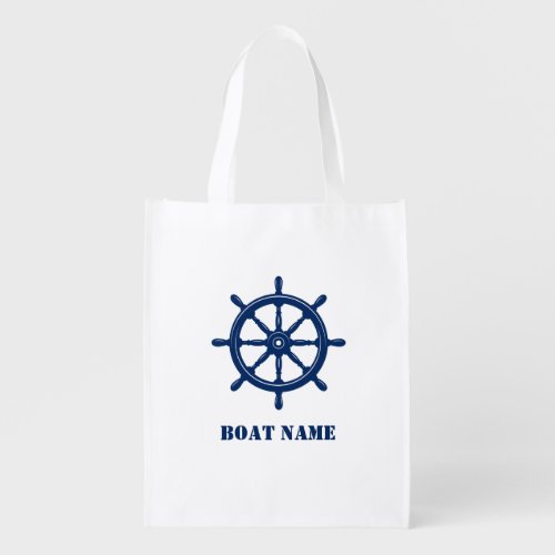 Navy Blue Ships Wheel Helm Your Boat Name 2 Sided Grocery Bag