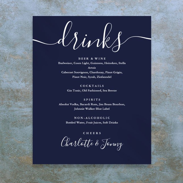 Navy Blue Signature Script Drinks Menu Sign (Navy Blue Signature Script Drinks Menu Sign)