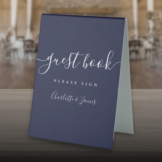 Navy Blue Signature Script Guest Book Table Tent (Navy Blue Signature Script Guest Book Table Tent Sign)