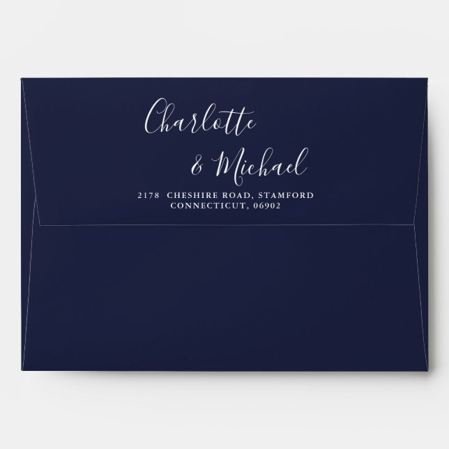 Navy Blue Signature Script String Lights Wedding Envelope (Back (Top Flap))