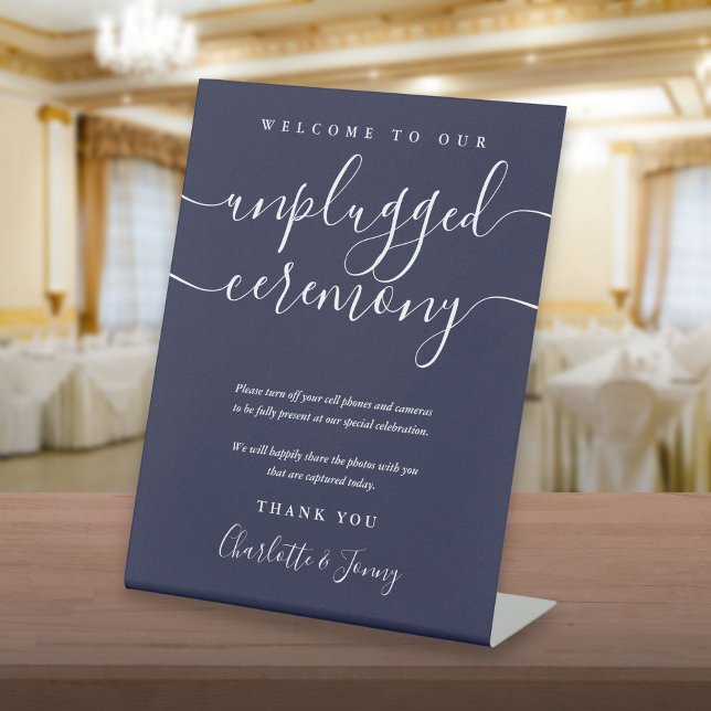 Navy Blue Signature Script Unplugged Ceremony Pedestal Sign (Navy Blue Signature Script Unplugged Ceremony Pedestal Sign)