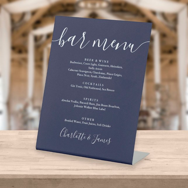 Navy Blue Signature Script Wedding Bar Menu Pedestal Sign (Creator Uploaded)