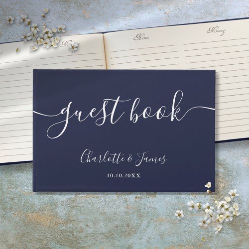 Navy Blue Signature Script Wedding Guest Book