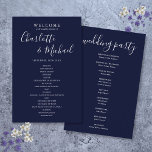 Navy Blue Signature Script Wedding Program<br><div class="desc">Elegant navy blue signature script wedding welcome program featuring signature style names. Personalize with your wedding details in modern white lettering. Designed by Thisisnotme©</div>