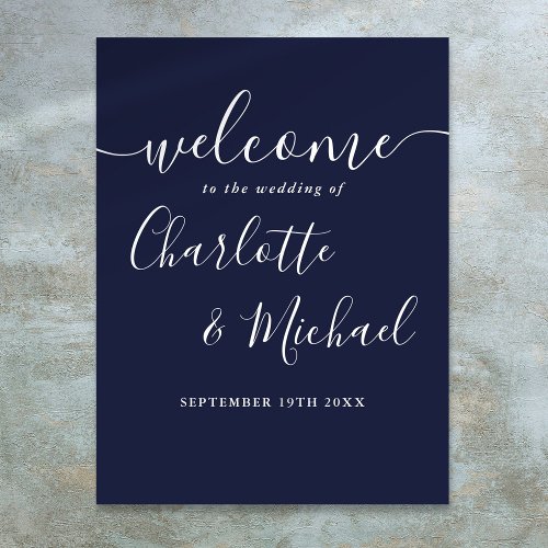 Navy Blue Signature Script Wedding Welcome Sign