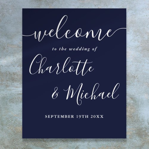 Navy Blue Signature Script Wedding Welcome Sign