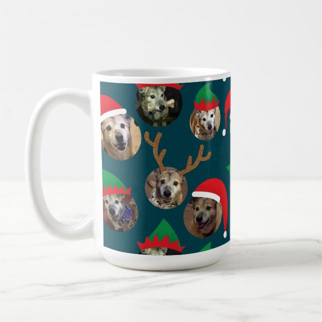 Navy Blue Silly Christmas Hat Dog Photo Collage Coffee Mug (Left)