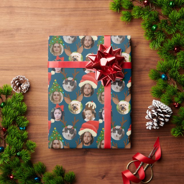 Navy Blue Silly Christmas Hats Six Photo Wrapping Paper (Holiday Gift)