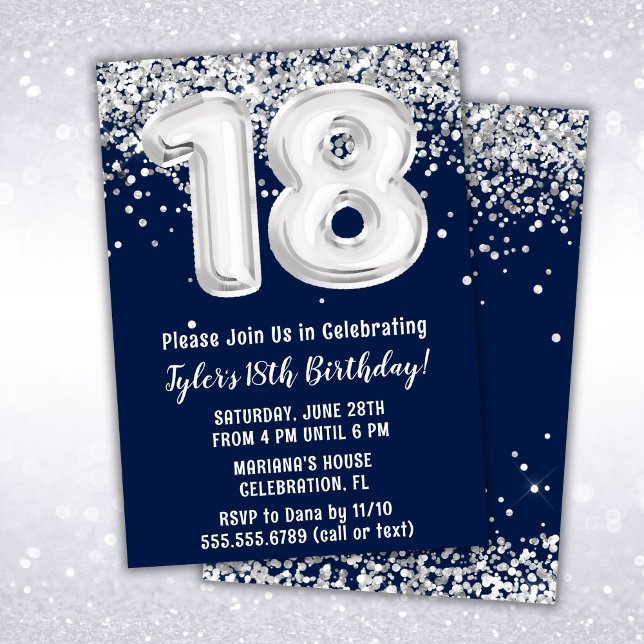 Navy Blue Silver 18th Birthday Party Invitation (Creator Uploaded)