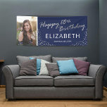 Navy Blue Silver 18th Birthday Photo Banner<br><div class="desc">Modern 18th birthday party banner featuring a stylish navy blue background that can be changed to any color,  a photo of the birthday boy/girl,  chic silver glitter,  the words "happy 18th birthday" in a faux silver foil script,  their name,  and the date.</div>