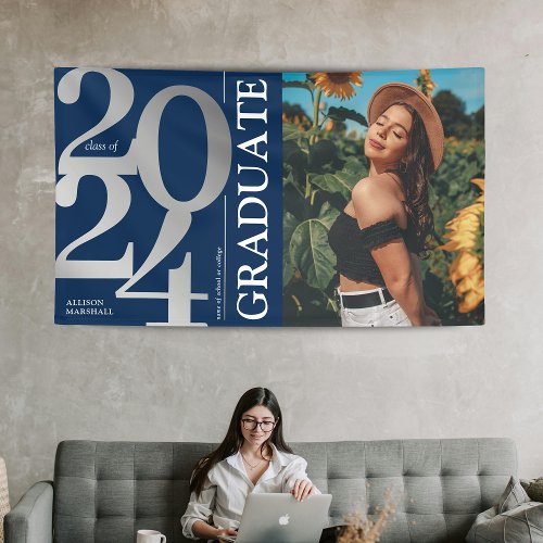 Navy Blue Silver 2024 Graduate Photo Graduation Banner