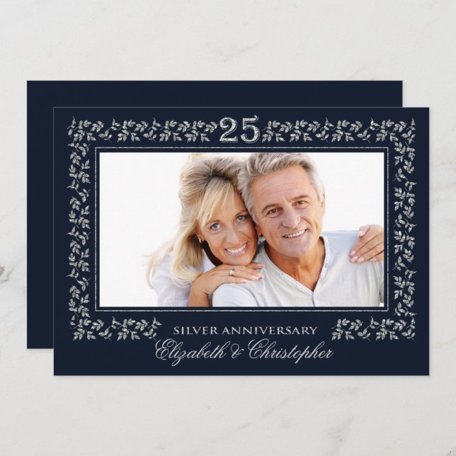 Navy Blue Silver 25th Wedding Anniversary Photo Invitation (Front/Back)