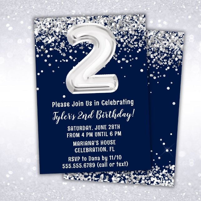 Navy Blue Silver 2nd Birthday Party Invitation (Creator Uploaded)