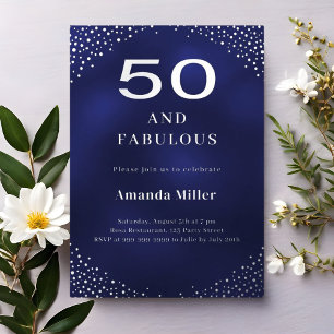 Navy blue silver 50th fabulous birthday foil invitation