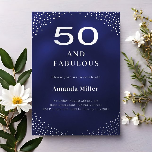 Navy blue silver 50th fabulous birthday foil invitation (Creator Uploaded)
