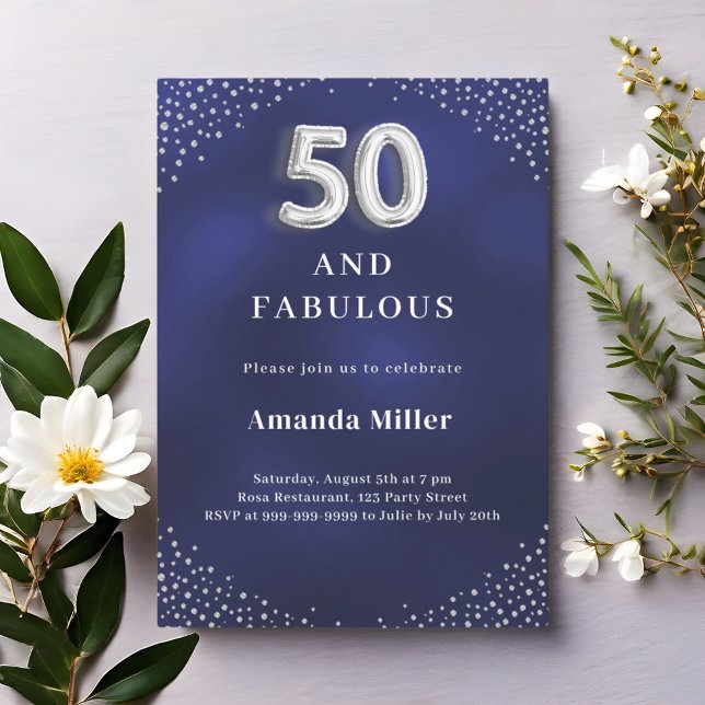 Navy blue silver 50th fabulous birthday invitation (Creator Uploaded)