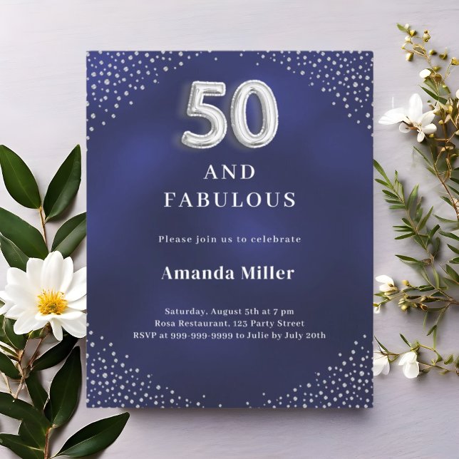 Navy blue silver 50th fabulous birthday invitation (Creator Uploaded)
