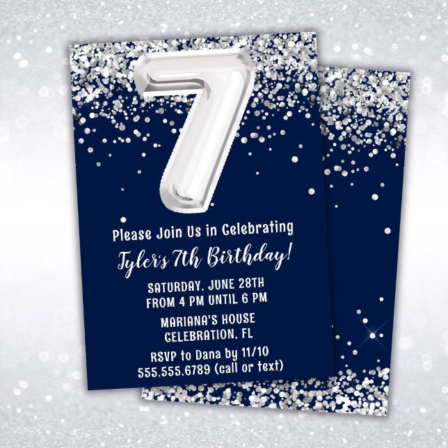 Navy Blue Silver 7th Birthday Party Invitation (Creator Uploaded)