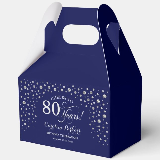 Navy Blue Silver 80th Birthday Favor Boxes (Front)