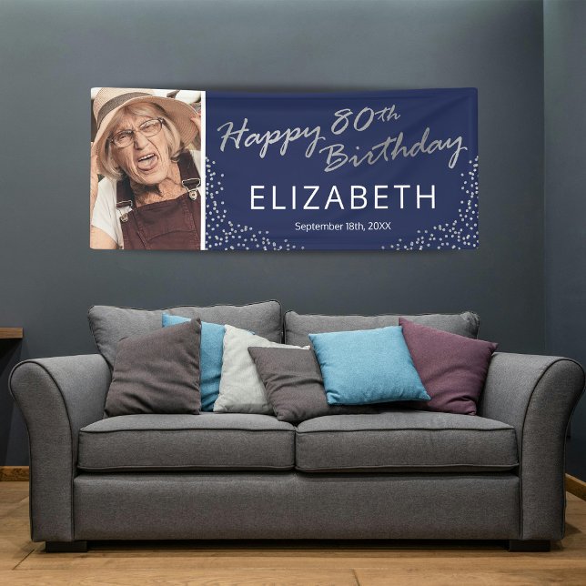Navy Blue Silver 80th Birthday Picture Banner (Creator Uploaded)