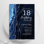 Navy Blue Silver Agate 18th Birthday Invitation<br><div class="desc">Navy blue and silver agate 18th birthday party invitation. Elegant modern design featuring royal blue watercolor agate marble geode background,  faux glitter silver and typography script font. Trendy invite card perfect for a stylish women's bday celebration. Printed Zazzle invitations or instant download digital printable template.</div>