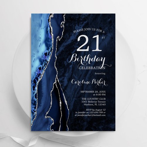 Navy Blue Silver Agate 21st  Birthday Invitation