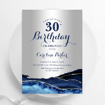 Navy Blue Silver Agate 30th Birthday Invitation<br><div class="desc">Navy blue and rose silver agate 30th birthday party invitation. Elegant modern design featuring royal blue watercolor agate marble geode background,  faux glitter silver and typography script font. Trendy invite card perfect for a stylish women's bday celebration. Printed Zazzle invitations or instant download digital printable template.</div>