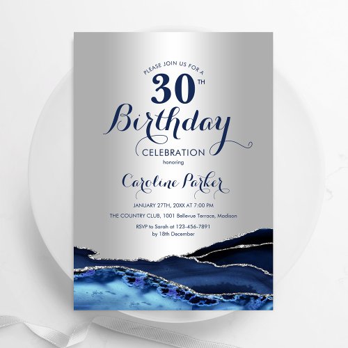 Navy Blue Silver Agate 30th Birthday Invitation