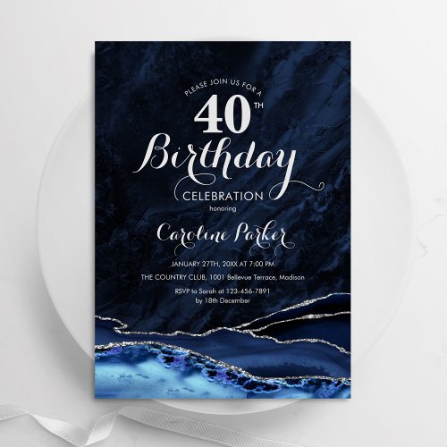 Navy Blue Silver Agate 40th Birthday Invitation