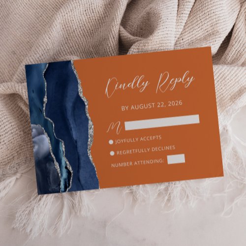 Navy Blue Silver Agate Burnt Orange Script  RSVP Card