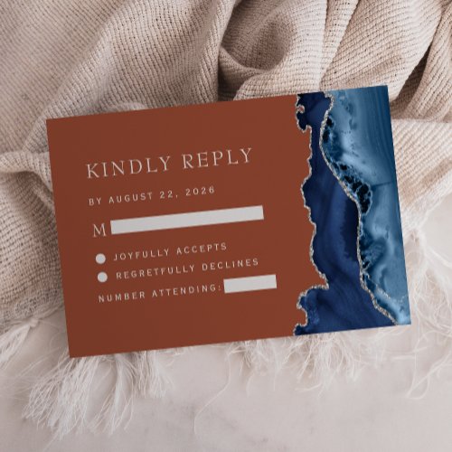 Navy Blue Silver Agate Burnt Orange Wedding RSVP Card