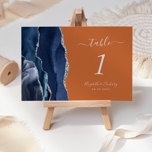 Navy Blue Silver Agate Burnt Orange Wedding Table Number