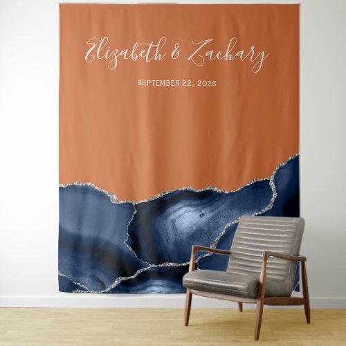 Navy Blue Silver Agate Burnt Orange Wedding Tapestry