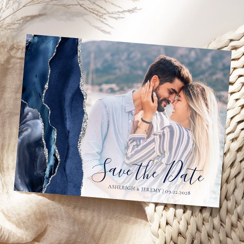 Navy Blue Silver Agate Custom Photo Save the Date Postcard