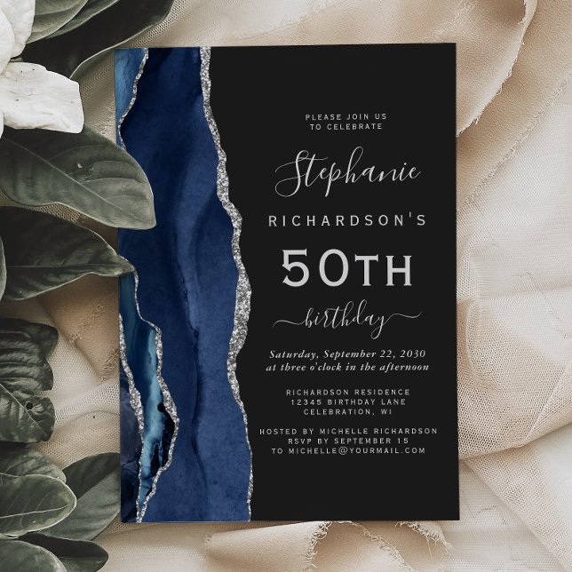 Navy Blue Silver Agate Dark 50th Birthday Party Invitation (Creator Uploaded)