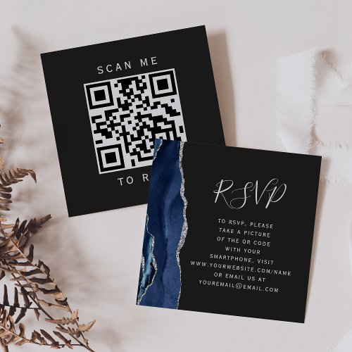 Navy Blue Silver Agate Dark Wedding QR Code RSVP Enclosure Card
