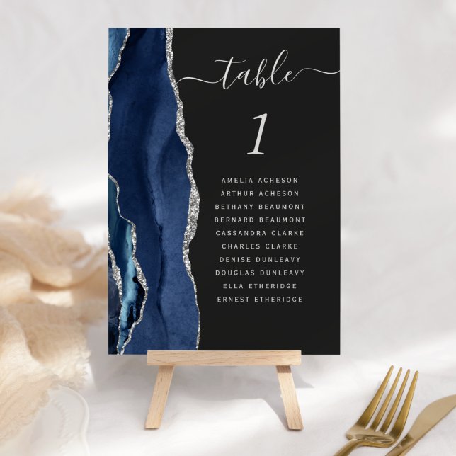 Navy Blue Silver Agate Dark Wedding Table Number (Creator Uploaded)