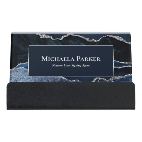 Navy Blue Silver Agate Elegant Modern Desk Business Card Holder