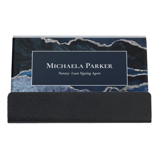 Navy Blue Silver Agate Elegant Modern Desk Business Card Holder (Front)