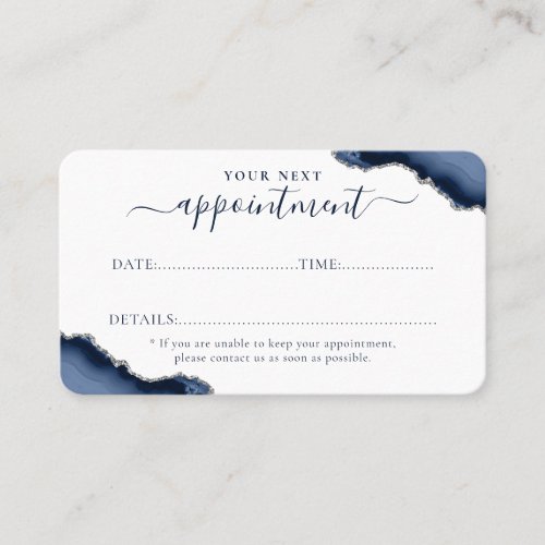 Navy Blue Silver Agate Glitter Sparkle Business Appointment Card