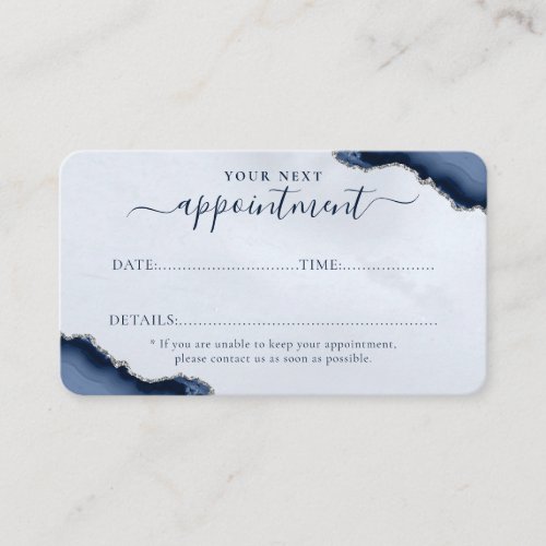 Navy Blue Silver Agate Glitter Sparkle Business Appointment Card
