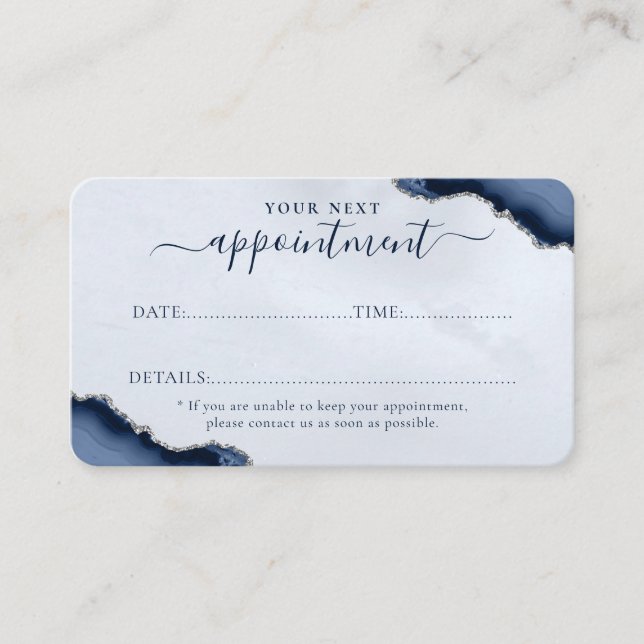 Navy Blue Silver Agate Glitter Sparkle Business Appointment Card (Front)