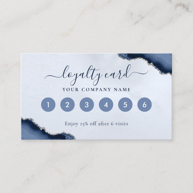Navy Blue Silver Agate Glitter Sparkle Business Loyalty Card (Front)