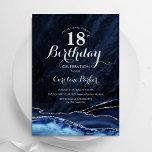 Navy Blue Silver Agate Marble 18th Birthday Invitation<br><div class="desc">Navy blue and silver agate 18th birthday party invitation. Elegant modern design featuring royal blue watercolor agate marble geode background,  faux glitter silver and typography script font. Trendy invite card perfect for a stylish women's bday celebration. Printed Zazzle invitations or instant download digital printable template.</div>